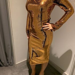 Tom Ford Sequin Open Back Zipper dress Walnut aka golden color